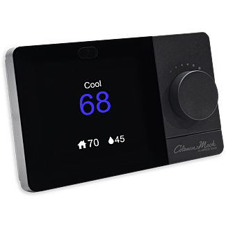 Front view of thermostat, featuring digital screen and control knob. Screen output is simulated.