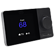 Front view of thermostat, featuring digital screen and control knob. Screen output is simulated.